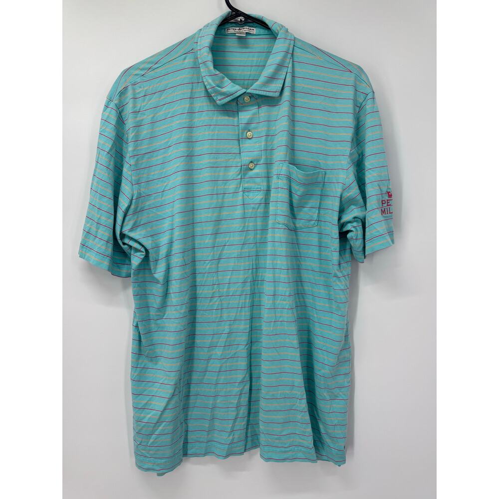 Peter Millar Men's Tailored Fit Large Polo‎ Shirt Blue Cotton Colorful Striped